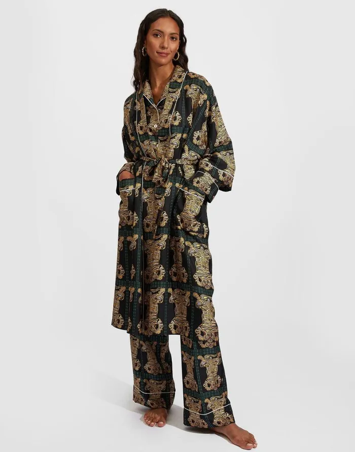 La Double J Silk Robe Tiger Tiles Black Women Loungewear