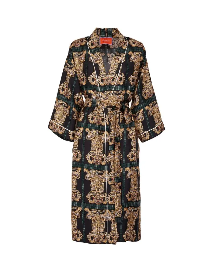 La Double J Silk Robe Tiger Tiles Black Women Loungewear La Double J Silk Robe Tiger Tiles Black Women Loungewear