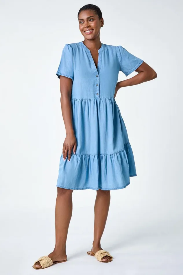 Light Denim Denim Tiered Smock Dress Women Roman Dresses