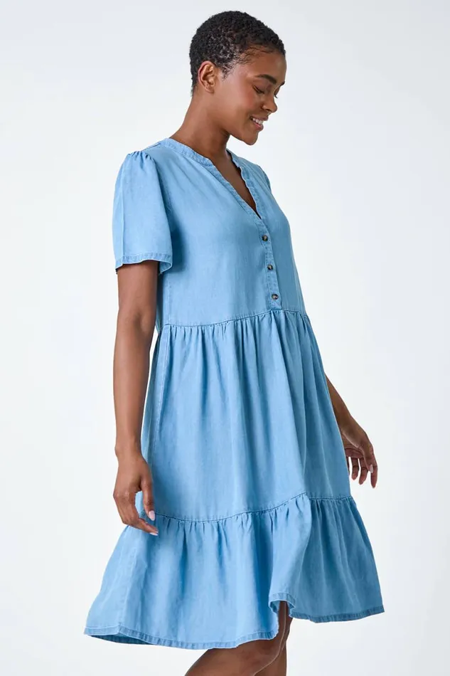 Light Denim Denim Tiered Smock Dress Women Roman Dresses