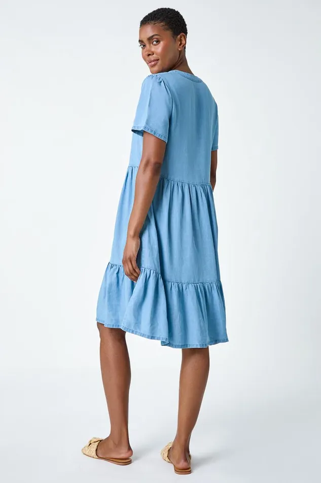Light Denim Denim Tiered Smock Dress Women Roman Dresses