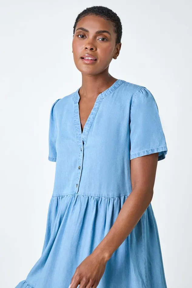 Light Denim Denim Tiered Smock Dress Women Roman Dresses