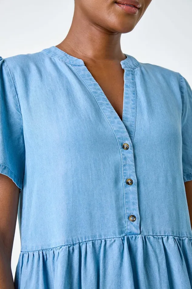 Light Denim Denim Tiered Smock Dress Women Roman Dresses