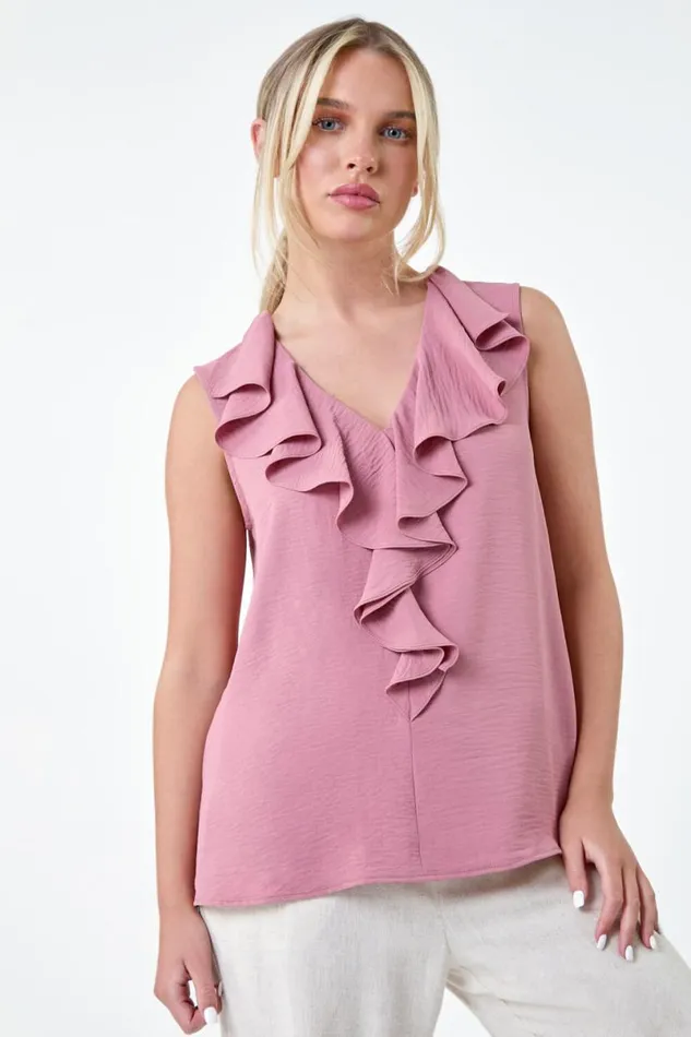Light Pink Petite Frill Front Vest Top Women Roman Tops