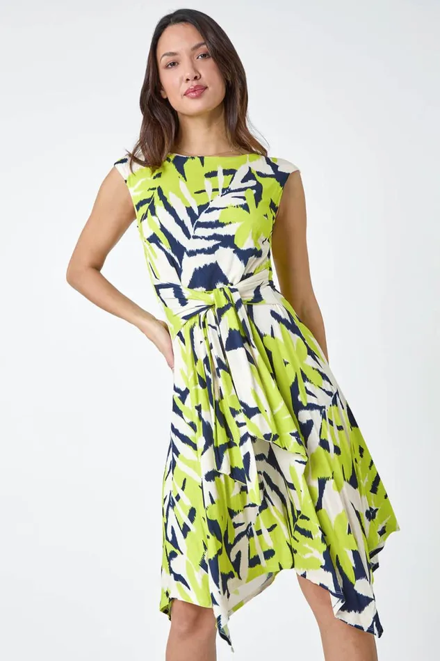 Lime Leaf Tie Waist Hanky Hem Asymmetric Dress Women Roman Dresses