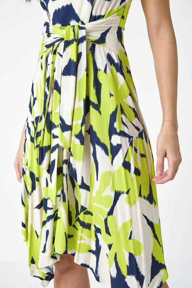 Lime Leaf Tie Waist Hanky Hem Asymmetric Dress Women Roman Dresses