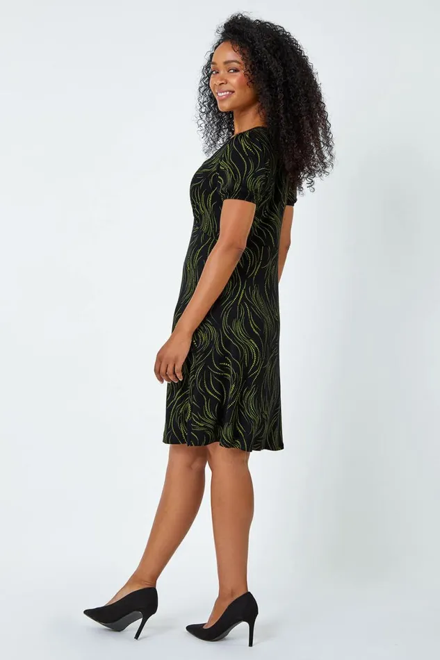 Lime Petite Abstract Print Tie Neck Dress Women Roman Dresses
