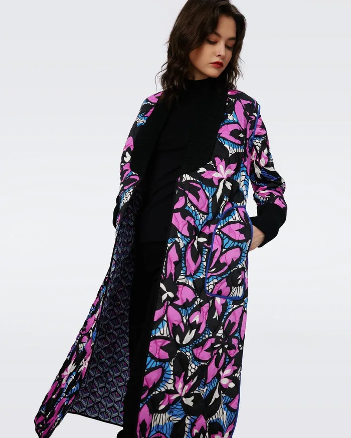 Loana Reversible Quilted Coat Fishnet Floral And Stadium Geo Purple Women DVF Jackets and Coats