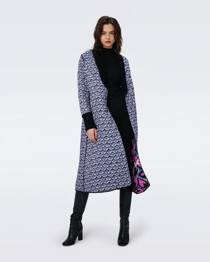 Loana Reversible Quilted Coat Fishnet Floral And Stadium Geo Purple Women DVF Jackets and Coats