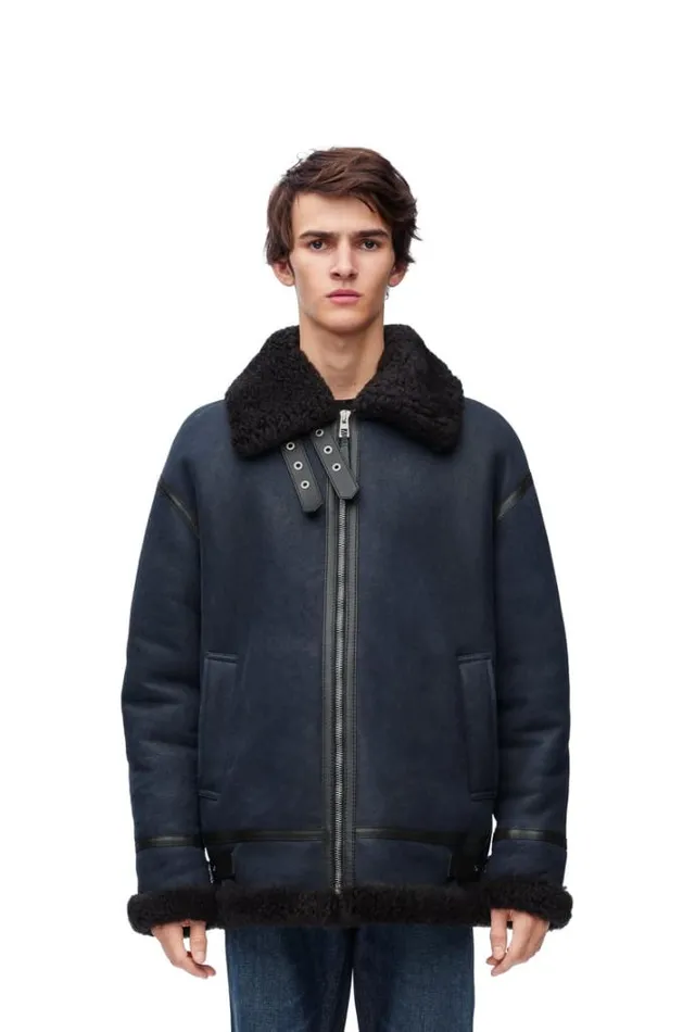 Loewe Aviator Jacket In Shearling Brownnavy Blue Men Leather
