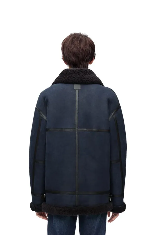 Loewe Aviator Jacket In Shearling Brownnavy Blue Men Leather