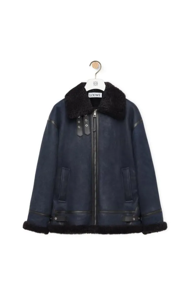 Loewe Aviator Jacket In Shearling Brownnavy Blue Men Leather