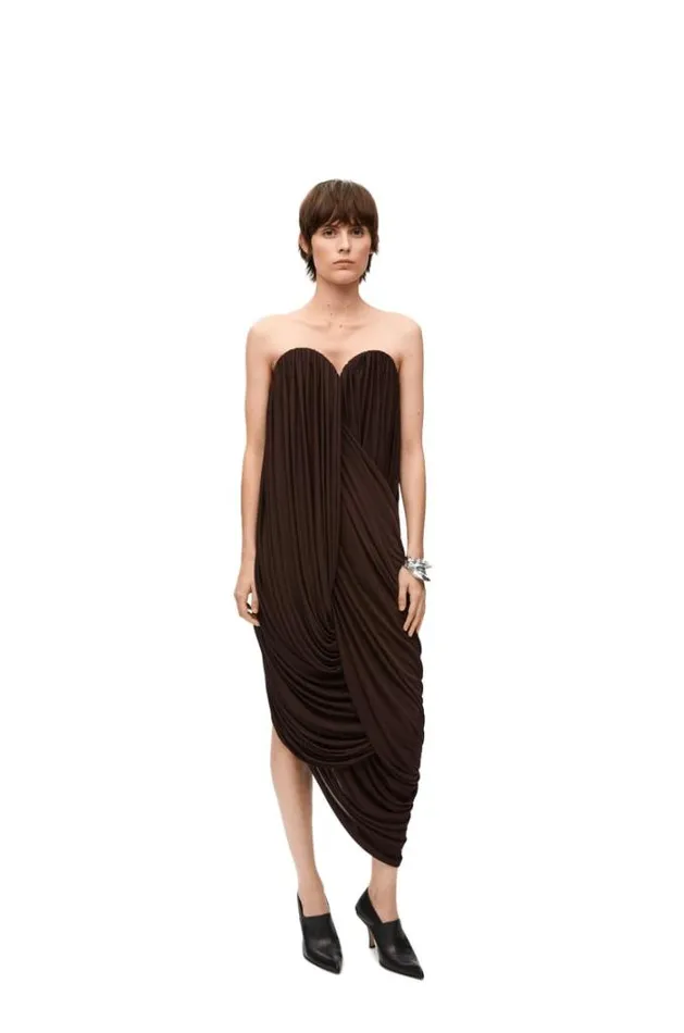 Loewe Bustier Dress In Viscose Chocolate Women Dresses