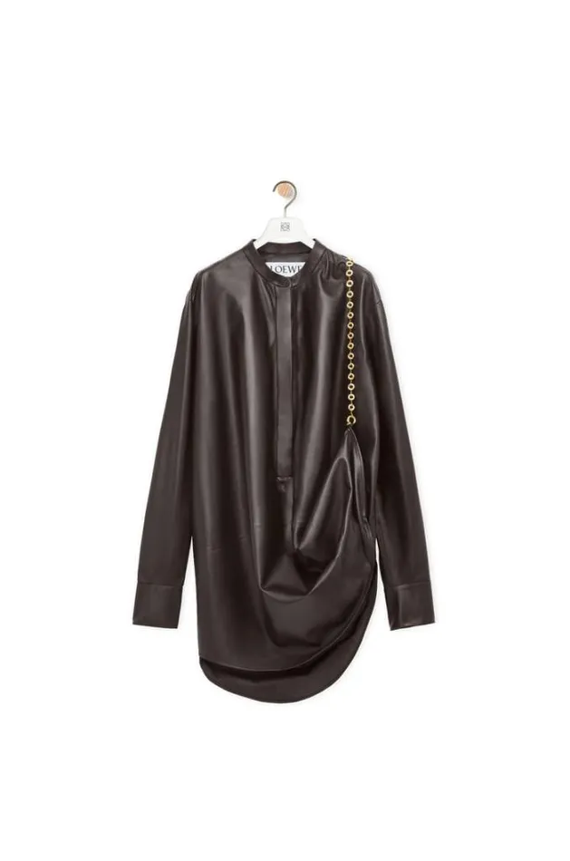 Loewe Chain Shirt Dress In Nappa Lambskin Dark Brown Women Dresses