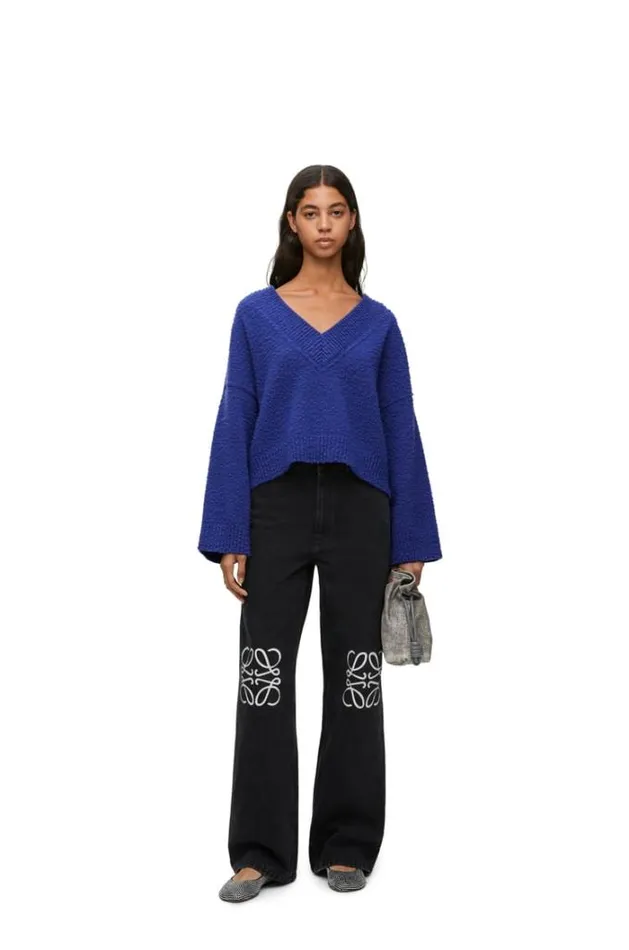 Loewe Cropped Sweater In Wool Blend Blue Women Knitwear