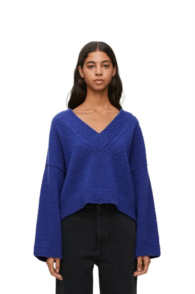 Loewe Cropped Sweater In Wool Blend Blue Women Knitwear