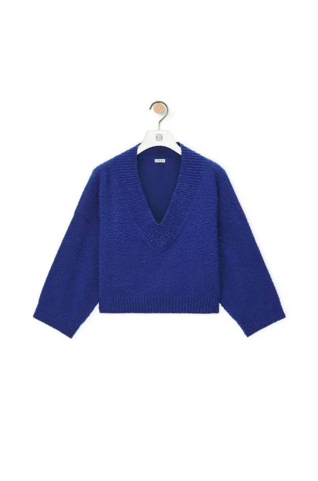 Loewe Cropped Sweater In Wool Blend Blue Women Knitwear