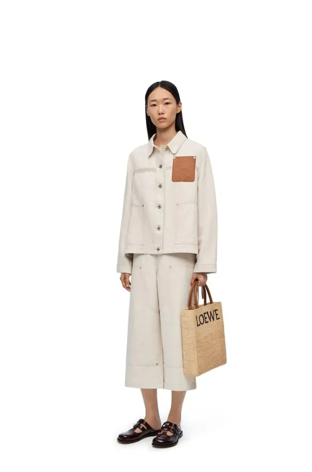 Loewe Cropped Workwear Trousers In Cotton And Linen Ecru Women Trousers and Shorts