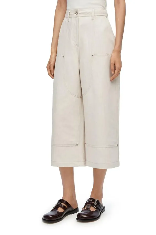 Loewe Cropped Workwear Trousers In Cotton And Linen Ecru Women Trousers and Shorts