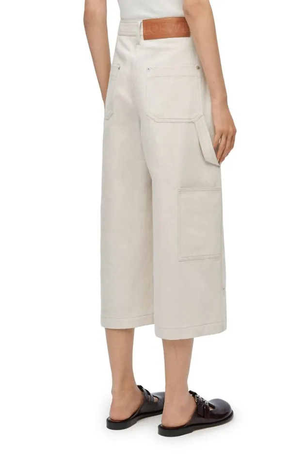 Loewe Cropped Workwear Trousers In Cotton And Linen Ecru Women Trousers and Shorts