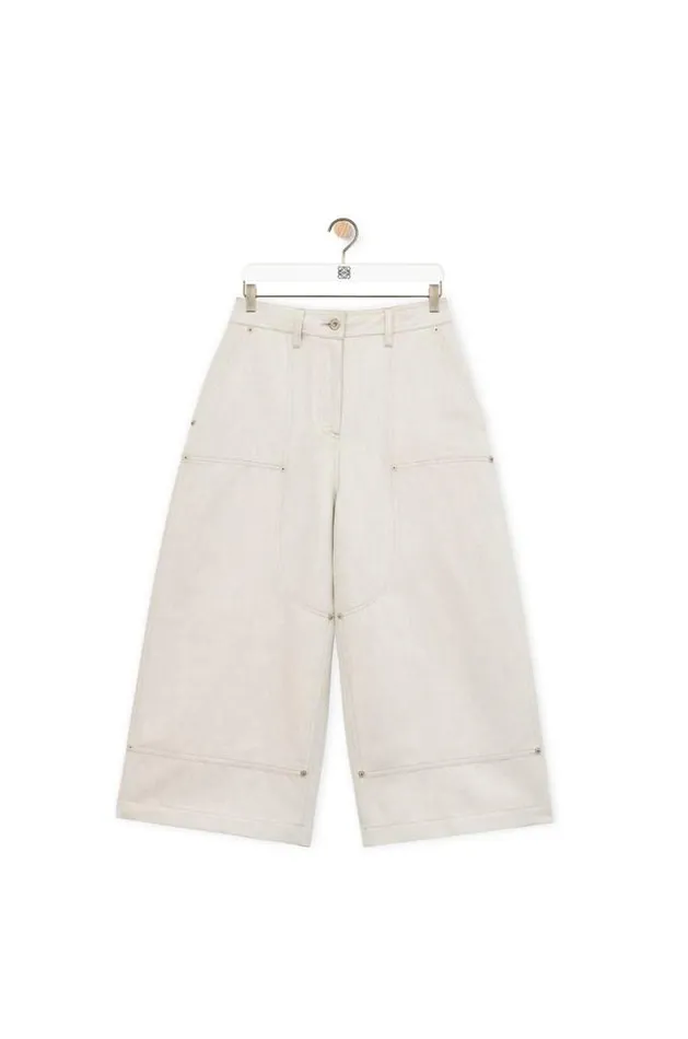 Loewe Cropped Workwear Trousers In Cotton And Linen Ecru Women Trousers and Shorts