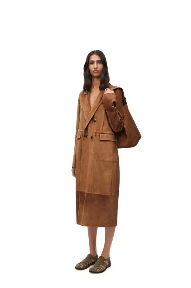 Loewe Double Breasted Coat In Suede Calfskin Tabacco Women Leather