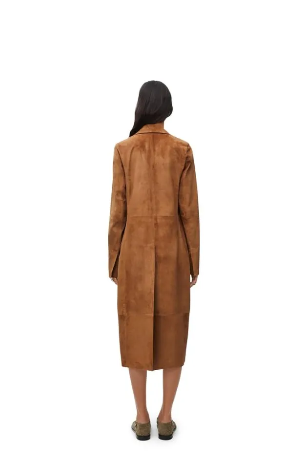 Loewe Double Breasted Coat In Suede Calfskin Tabacco Women Leather