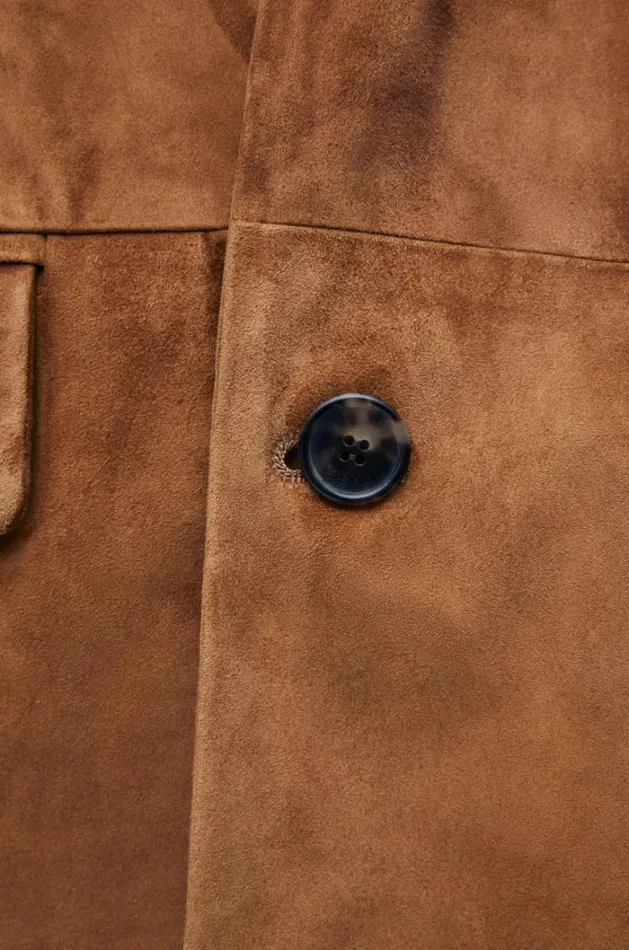 Loewe Double Breasted Coat In Suede Calfskin Tabacco Women Leather
