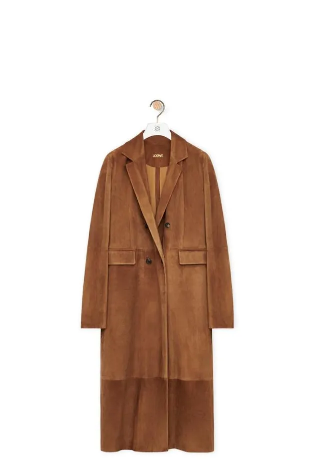 Loewe Double Breasted Coat In Suede Calfskin Tabacco Women Leather