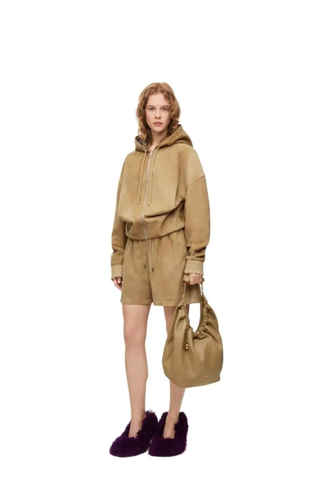 Loewe Draped Hoodie In Suede Gold Women Leather