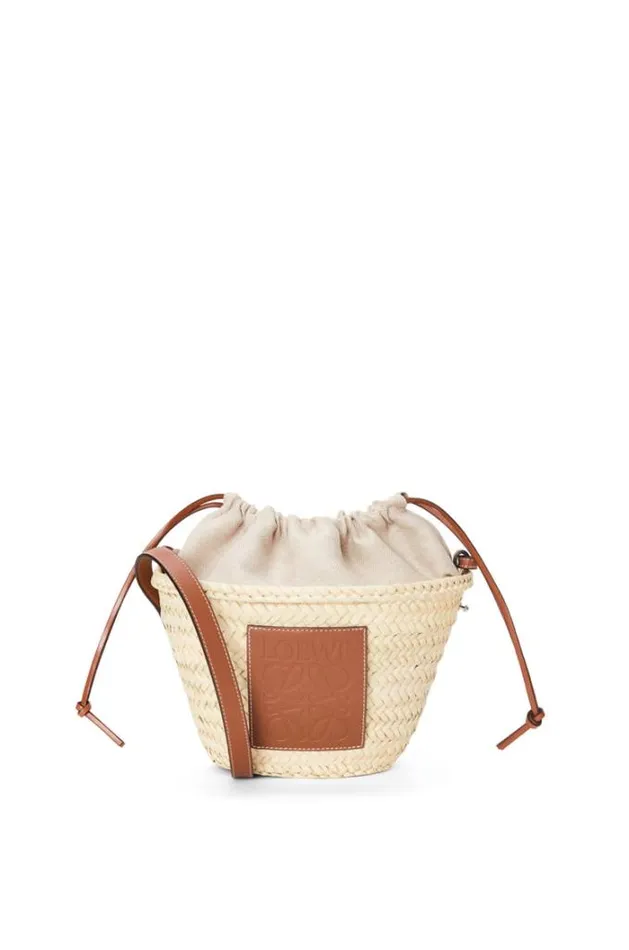 Loewe Drawstring Bucket Bag In Palm Leaf And Calfskin Naturaltan Women Bucket Bags