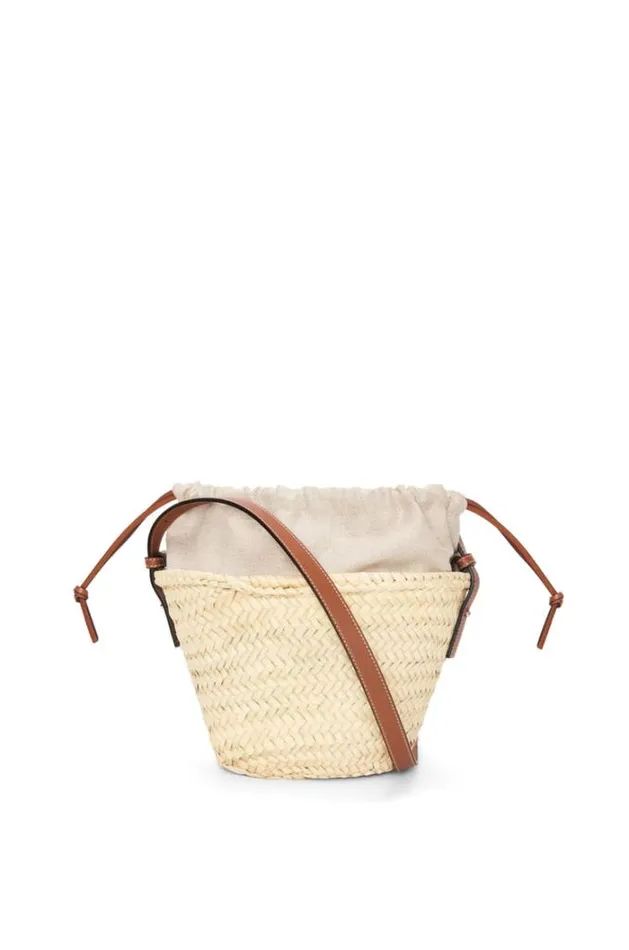 Loewe Drawstring Bucket Bag In Palm Leaf And Calfskin Naturaltan Women Bucket Bags