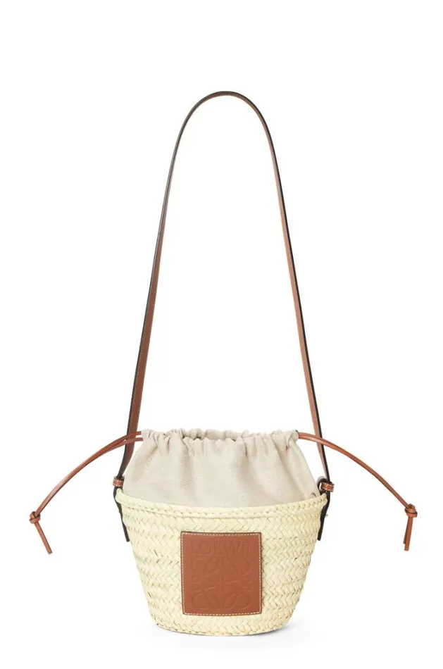 Loewe Drawstring Bucket Bag In Palm Leaf And Calfskin Naturaltan Women Bucket Bags