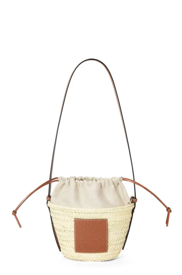 Loewe Drawstring Bucket Bag In Palm Leaf And Calfskin Naturaltan Women Bucket Bags