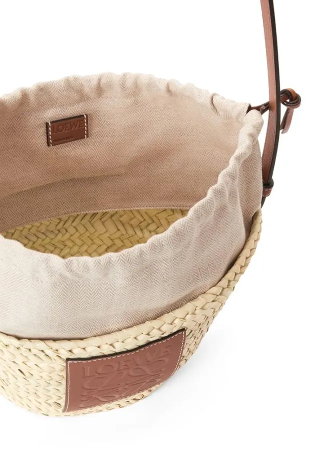 Loewe Drawstring Bucket Bag In Palm Leaf And Calfskin Naturaltan Women Bucket Bags