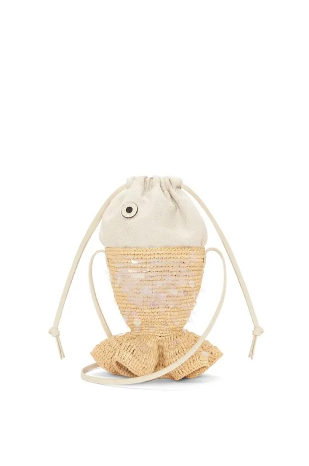Loewe Fish Pouch In Canvas And Raffia Naturalivory Women Mini Bags