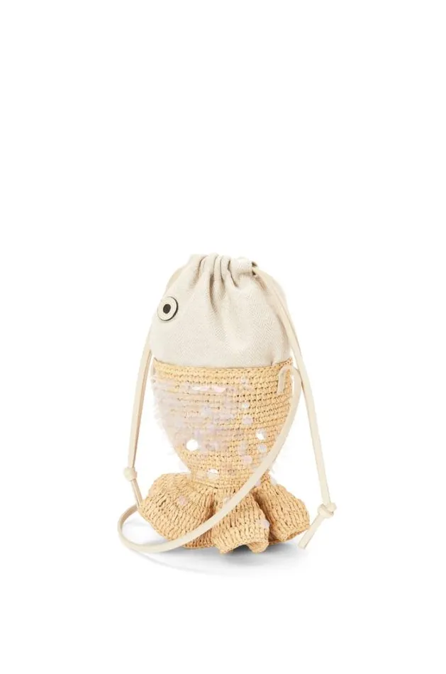 Loewe Fish Pouch In Canvas And Raffia Naturalivory Women Mini Bags