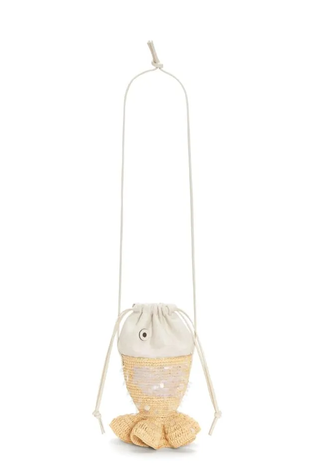 Loewe Fish Pouch In Canvas And Raffia Naturalivory Women Mini Bags