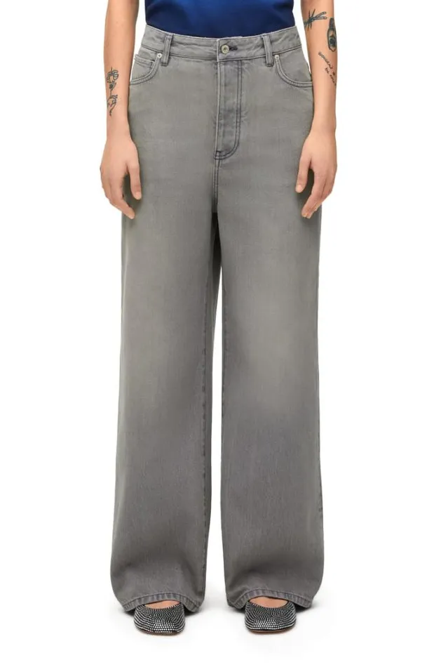 Loewe High Waisted Jeans In Cotton Grey Melange Women Trousers and Shorts