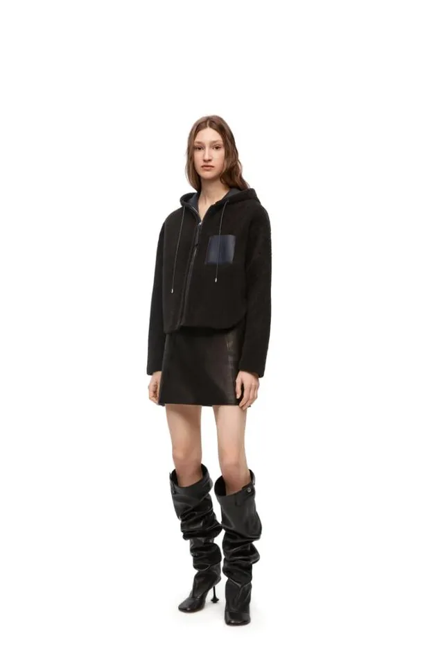 Loewe Hooded Jacket In Shearling Brownnavy Blue Women Jackets
