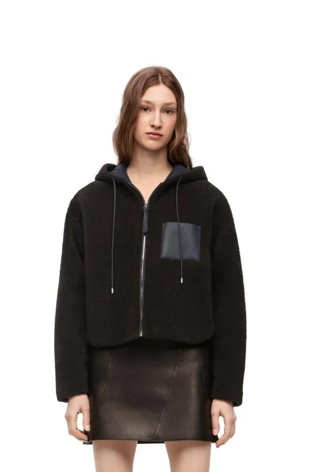 Loewe Hooded Jacket In Shearling Brownnavy Blue Women Jackets