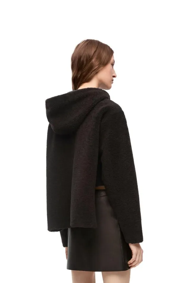Loewe Hooded Jacket In Shearling Brownnavy Blue Women Jackets