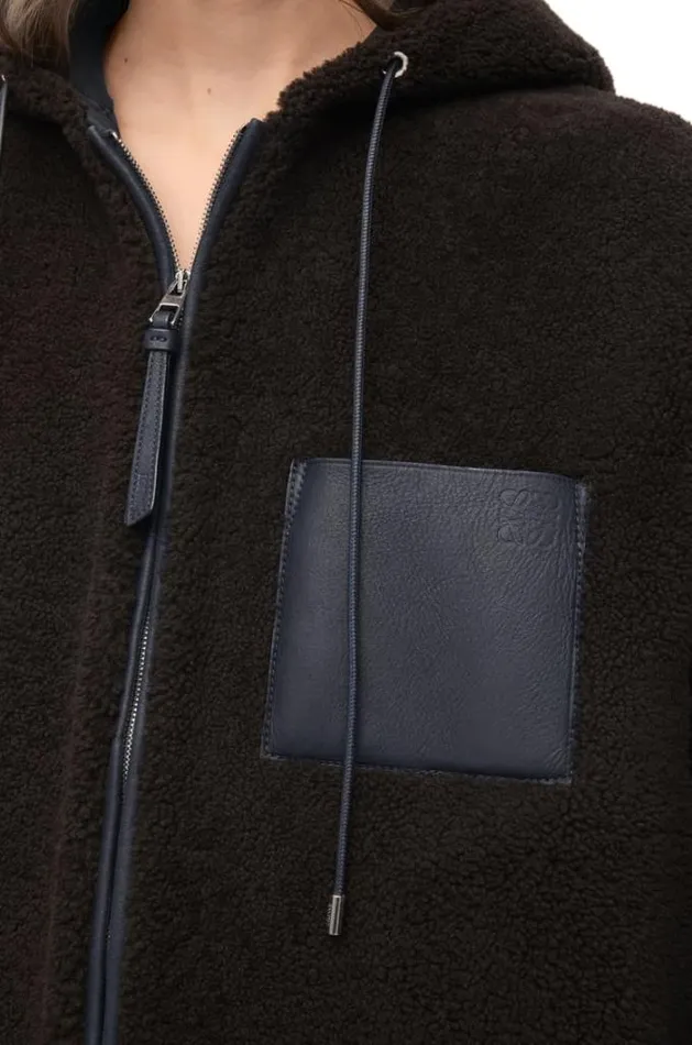 Loewe Hooded Jacket In Shearling Brownnavy Blue Women Jackets
