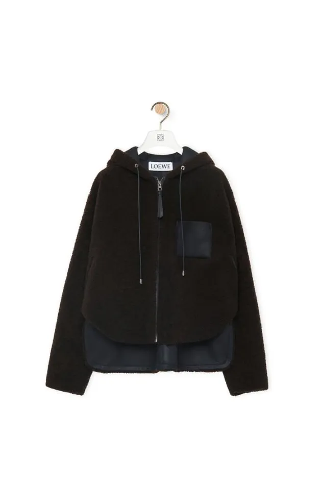 Loewe Hooded Jacket In Shearling Brownnavy Blue Women Jackets