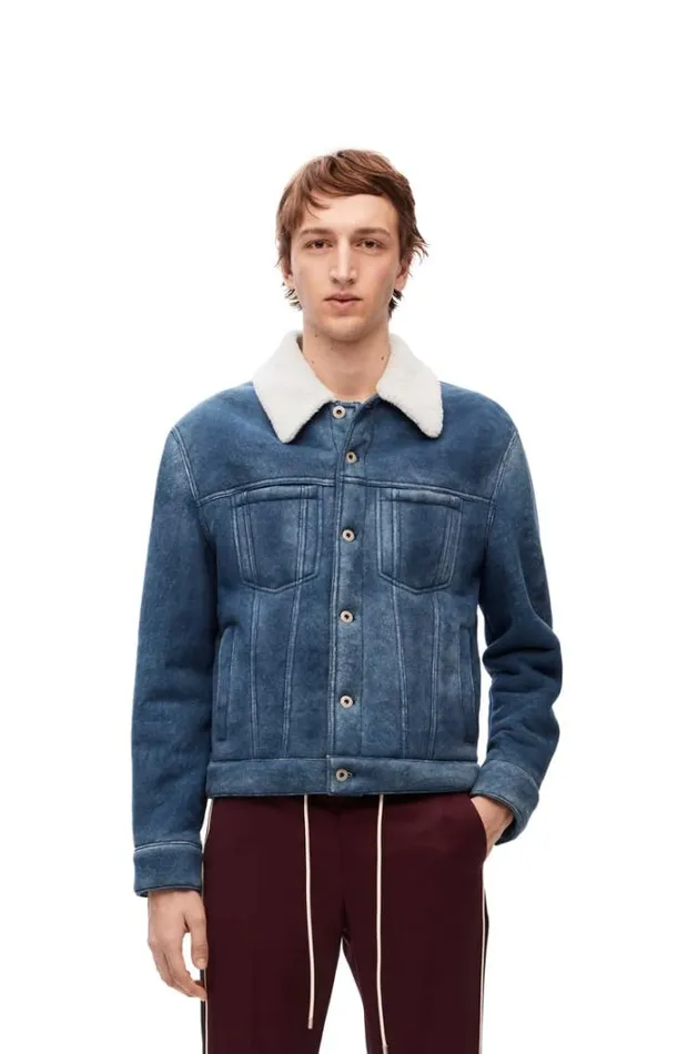 Loewe Jacket In Shearling Whiteindigo Blue Men Coats and Outerwear