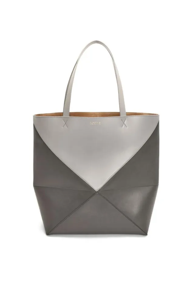 Loewe Large Puzzle Fold Tote In Shiny Calfskin Pearl Greydark Grey Men Tote Bags