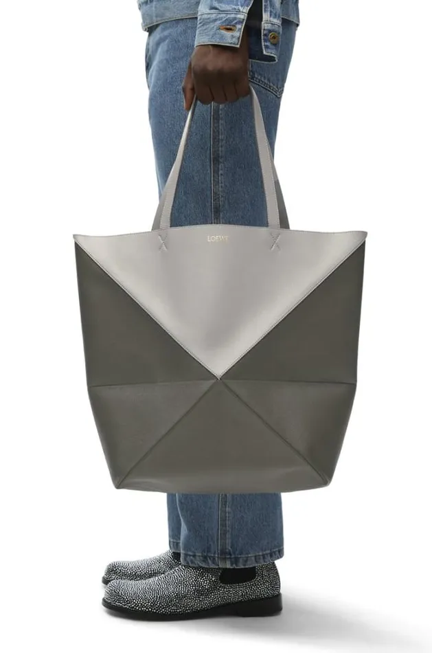 Loewe Large Puzzle Fold Tote In Shiny Calfskin Pearl Greydark Grey Men Tote Bags