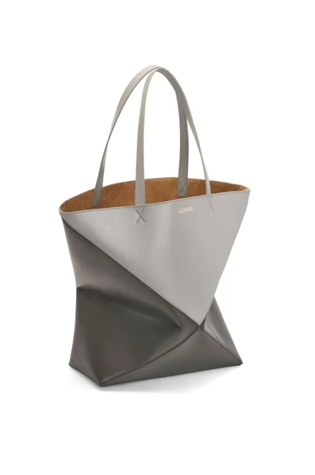 Loewe Large Puzzle Fold Tote In Shiny Calfskin Pearl Greydark Grey Men Tote Bags
