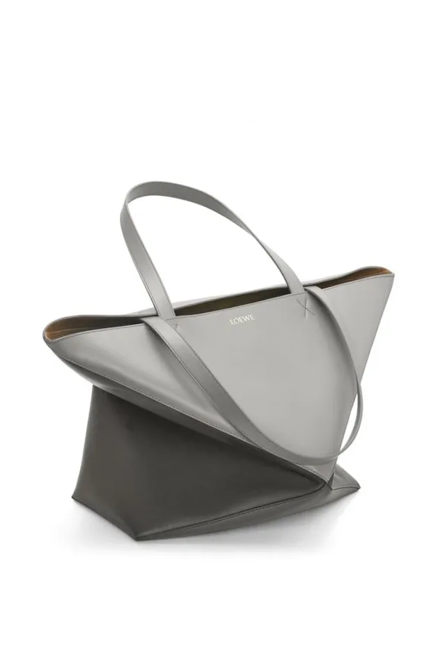 Loewe Large Puzzle Fold Tote In Shiny Calfskin Pearl Greydark Grey Men Tote Bags