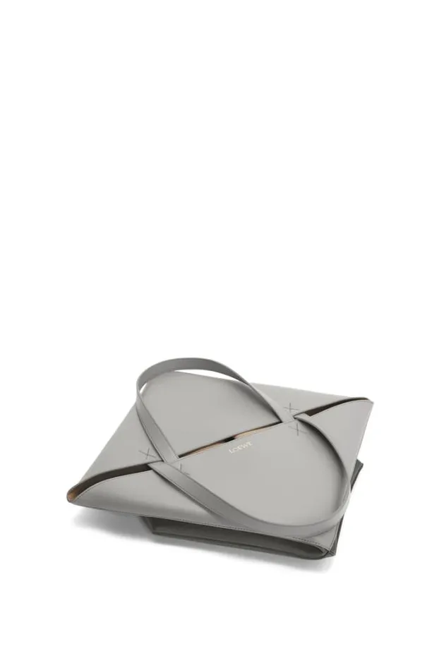 Loewe Large Puzzle Fold Tote In Shiny Calfskin Pearl Greydark Grey Men Tote Bags